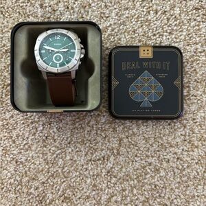 Fossil Green Dial Brown Leather Watch